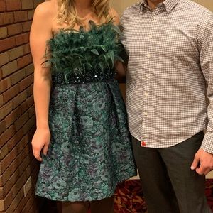 Gorgeous THEIA peacock feather mini dress jeweled green cocktail holiday party